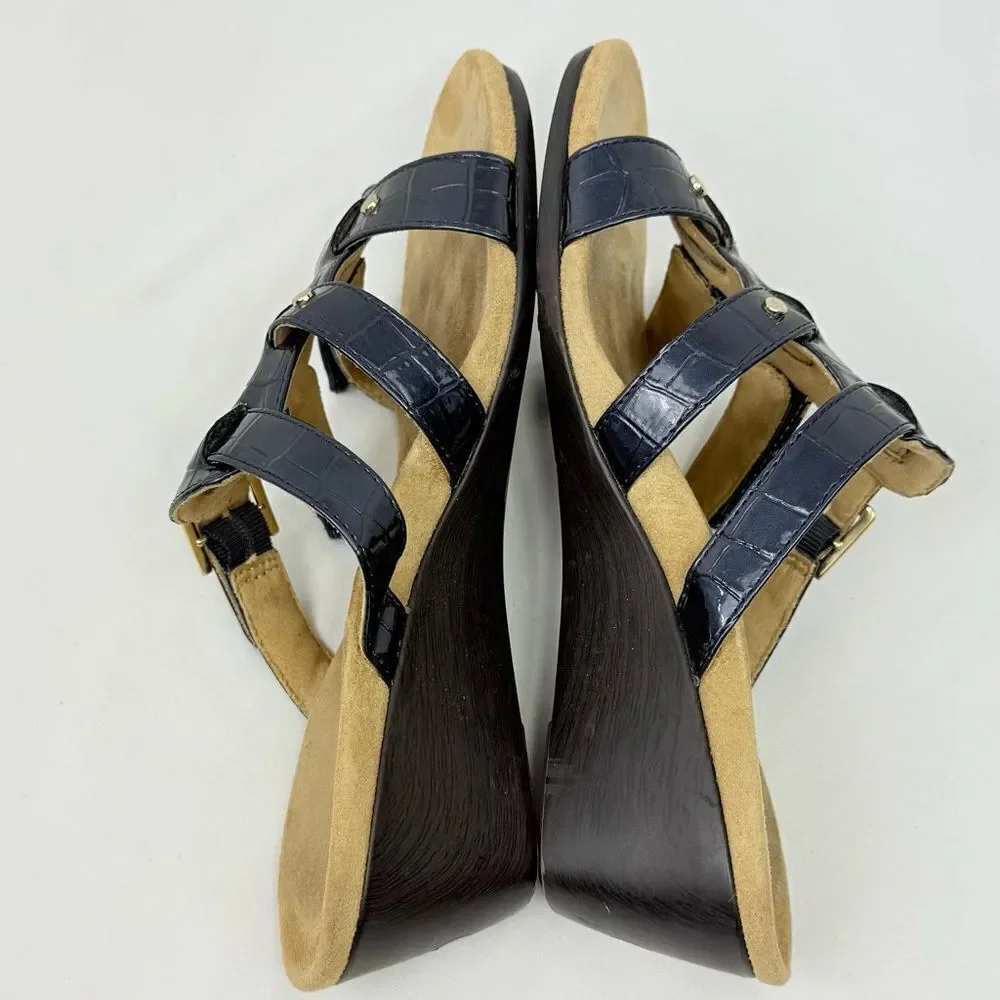 Vionic RADIA Blue Patent Reptile Embossed Triple T Strap Slide Wedge Sandals